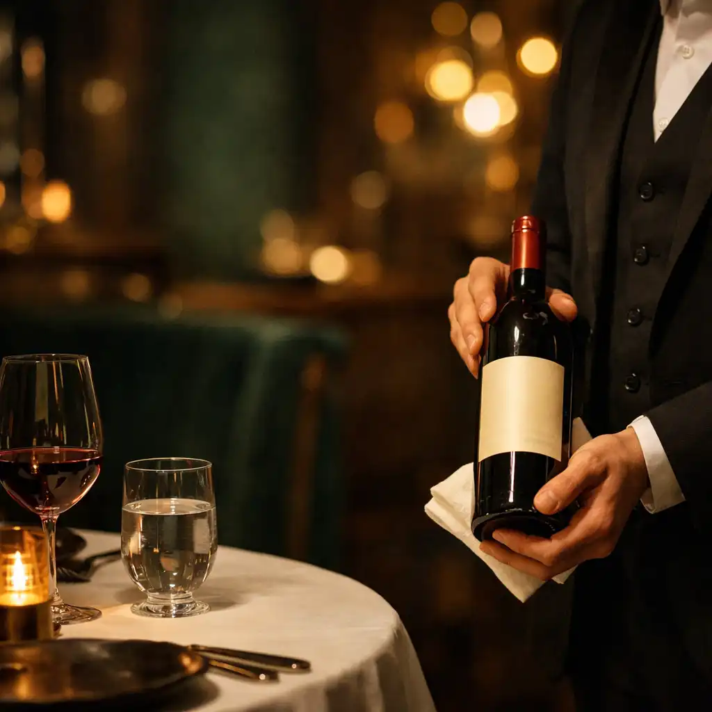 Sommelier szolgál fel egy palackot intim esti asztal mellett