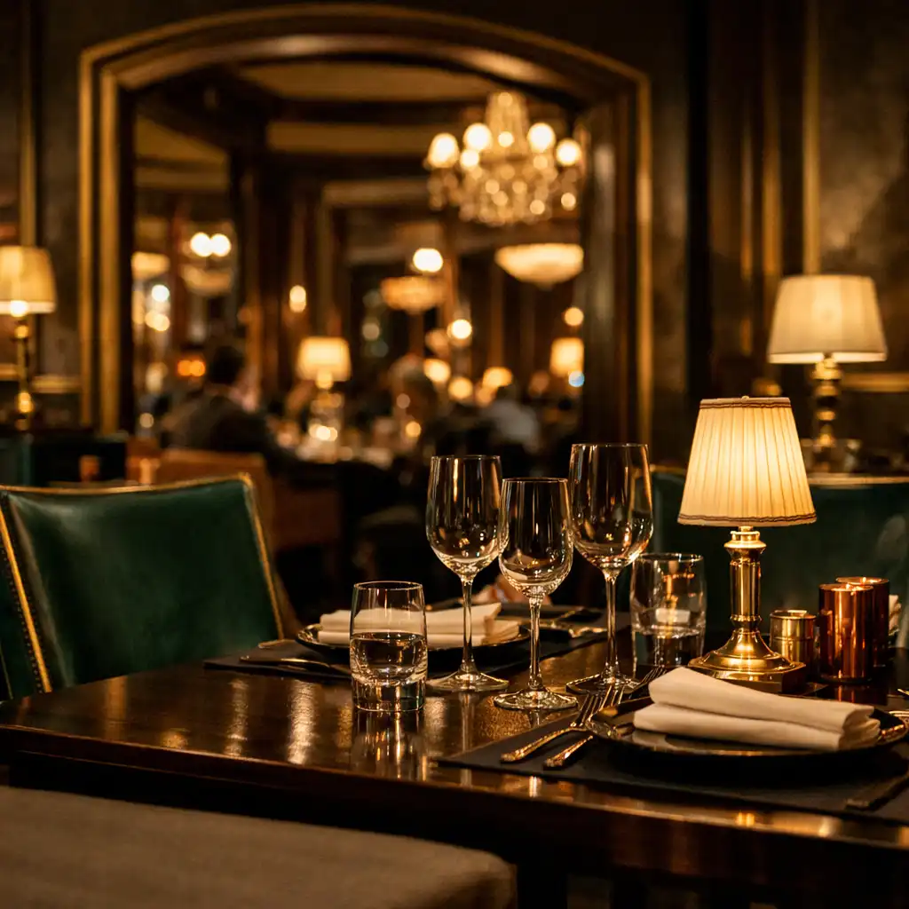 Hangulatos, emerald tónusú éttermi enteriőr elegáns asztalokkal és esti fényekkel