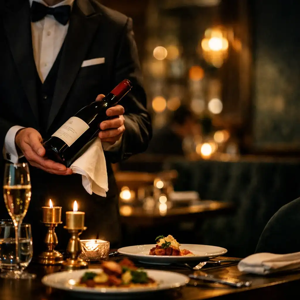 Sommelier szolgál fel egy esti kóstolóvacsora asztalánál