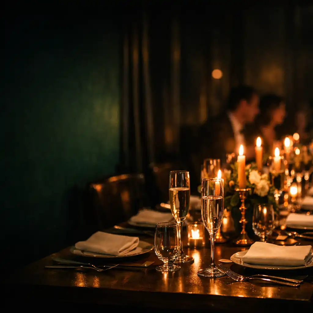 Elegáns gálavacsora asztala meleg champagne fényekkel egy sötét emerald étteremben