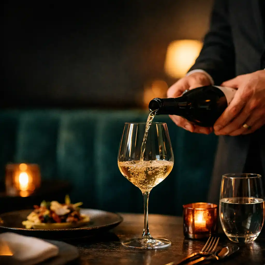 Sommelier bort tölt elegáns pohárba egy esti kóstolómenü asztalánál