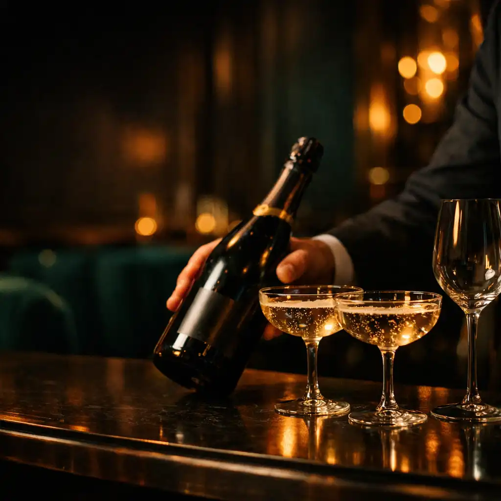 Pezsgőspoharak és sommelier-szerviz egy sötét, elegáns bárpulton